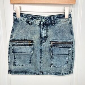 American Bazi Denim Mini Skirt Sz S Acid Wash Cargo Pockets Blue Y2K Streetwear